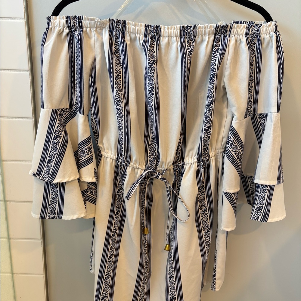 Blue and White Striped Off-Shoulder Dress - Picture 1 of 3